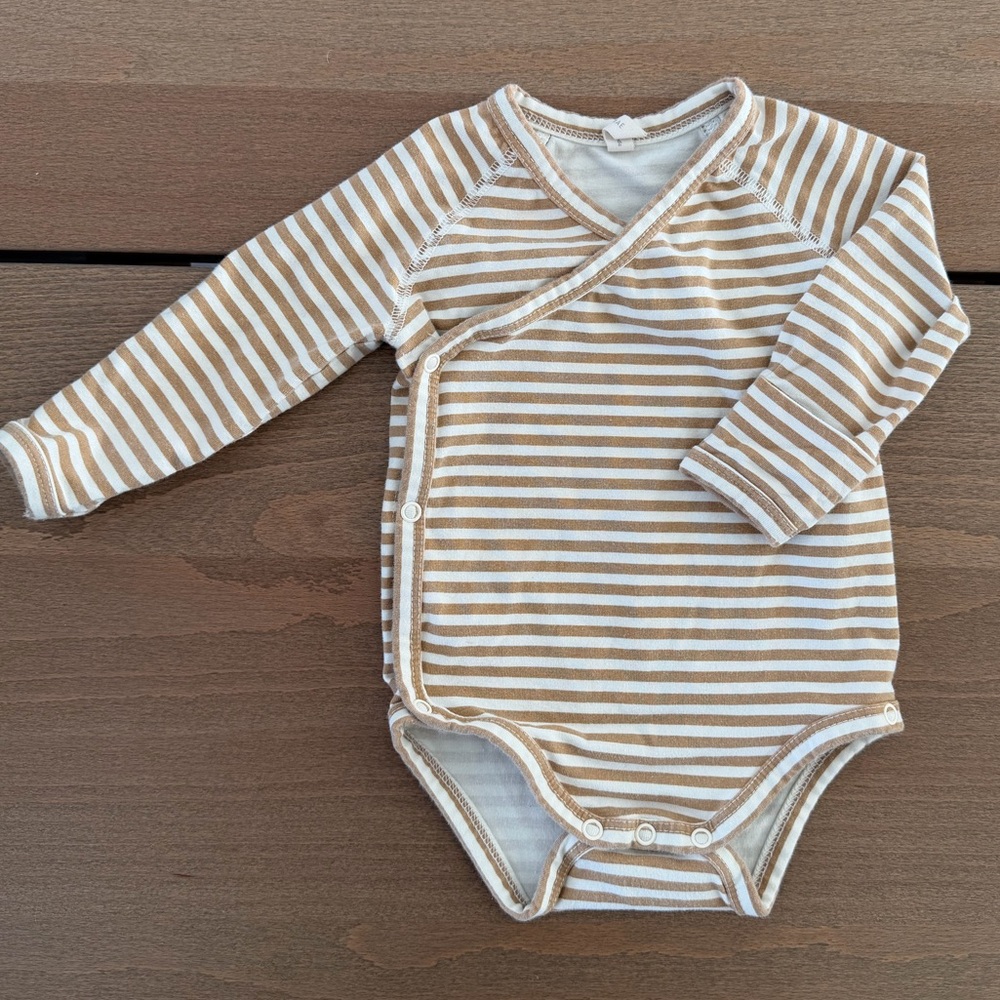 Quincy Mae Tan and White Striped Organic Cotton Bodysuit